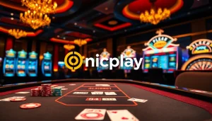 Illustration of an exciting online gambling scene featuring Onicplay, with vibrant slot machines and poker tables.