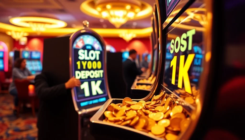 Menangkan slot deposit 1k di mesin slot yang ceria dengan tumpahan koin emas.