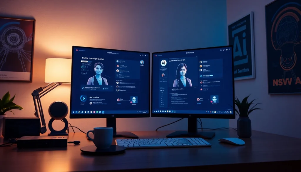 This image illustrates a digital workspace showcasing nsfw ai interactions with AI-generated characters on sleek monitors.