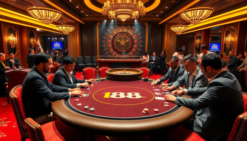 Professional gamblers at a U88-themed poker table engaging in intense gameplay.