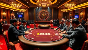Professional gamblers at a U88-themed poker table engaging in intense gameplay.
