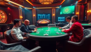 A professional poker game at 68VIP casino showcasing excitement and luxury with vibrant chips and cards.