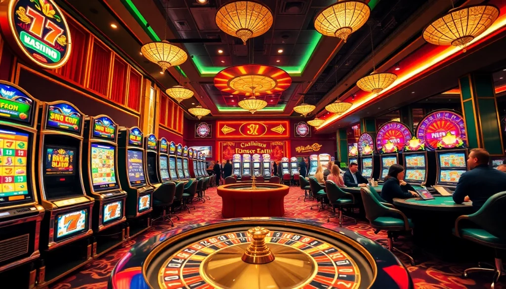 Players enjoying nổ hũ at glamorous casino tables, celebrating jackpot wins among vibrant slot machines.