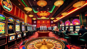 Players enjoying nổ hũ at glamorous casino tables, celebrating jackpot wins among vibrant slot machines.