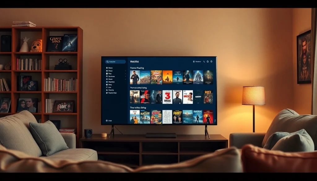 Curate your my watchlist (google watchlist) in a cozy home entertainment setup with movies displayed on TV.