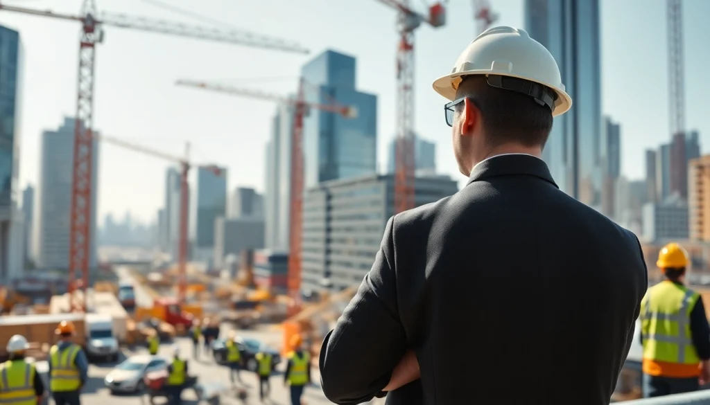 New York City Construction Manager directing a construction site amidst city skyscrapers.