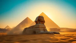 Explore the breathtaking piraminds of Egypt against a golden sunset backdrop.