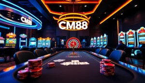 Players enjoying high-stakes games at the CM88 online casino, with vibrant poker tables and roulette wheels.