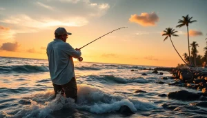 Angler casting during saltwater fly fishing at sunset on the shore with ocean waves.