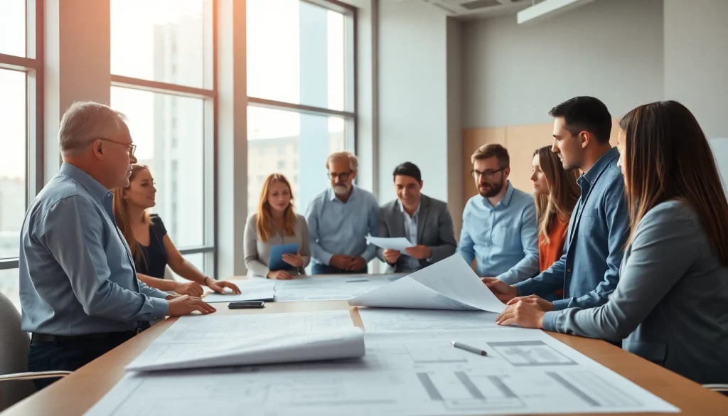 Engaging construction advocacy Carolina meeting featuring diverse participants discussing blueprints.
