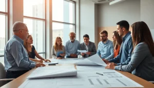 Engaging construction advocacy Carolina meeting featuring diverse participants discussing blueprints.