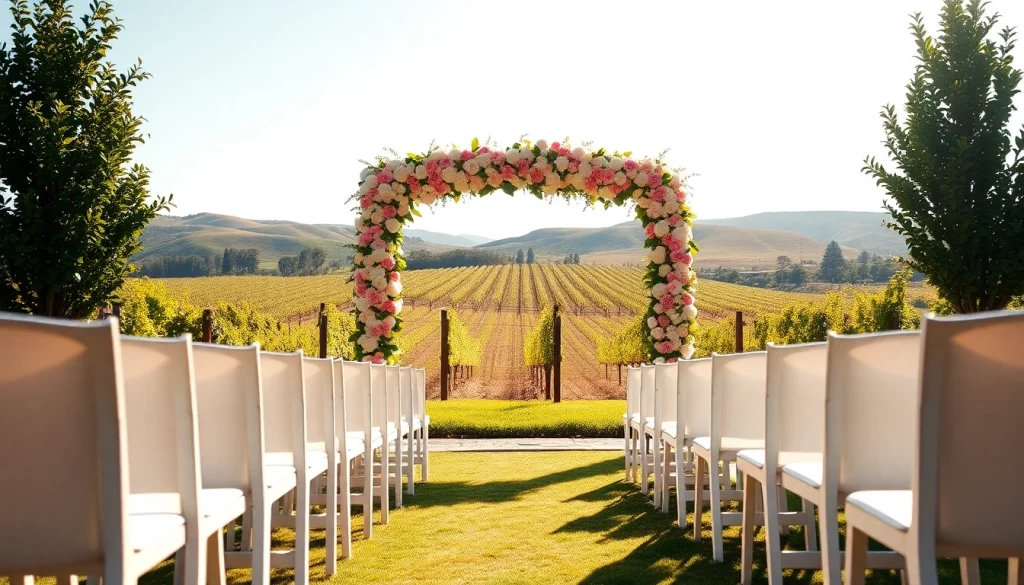 Delightful Clarksburg wedding venues featuring a floral arch and picturesque vineyard backdrop.