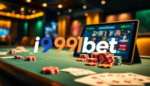Players enjoying a thrilling poker game at i9bet's elegant casino.