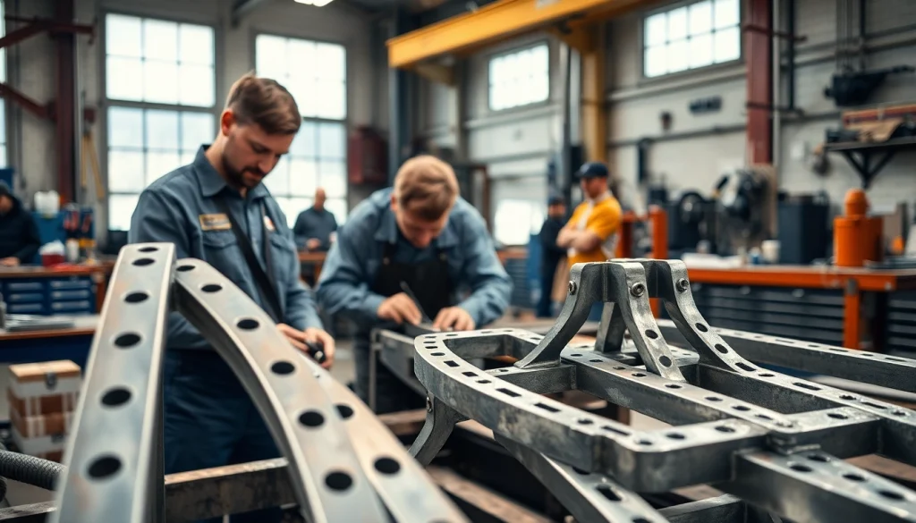 Craftsmen working on custom steel fabrication projects in a vibrant workshop.