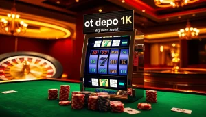 Adegan kasino yang mendebarkan menampilkan slot depo 1k; mesin slot yang penuh warna dengan lampu beraneka warna dan chip poker.