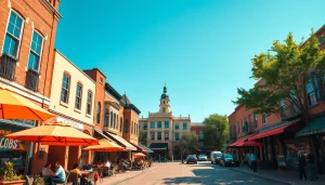 Clarksburg street scene with lively cafes and historic architecture bathed in warm sunlight.