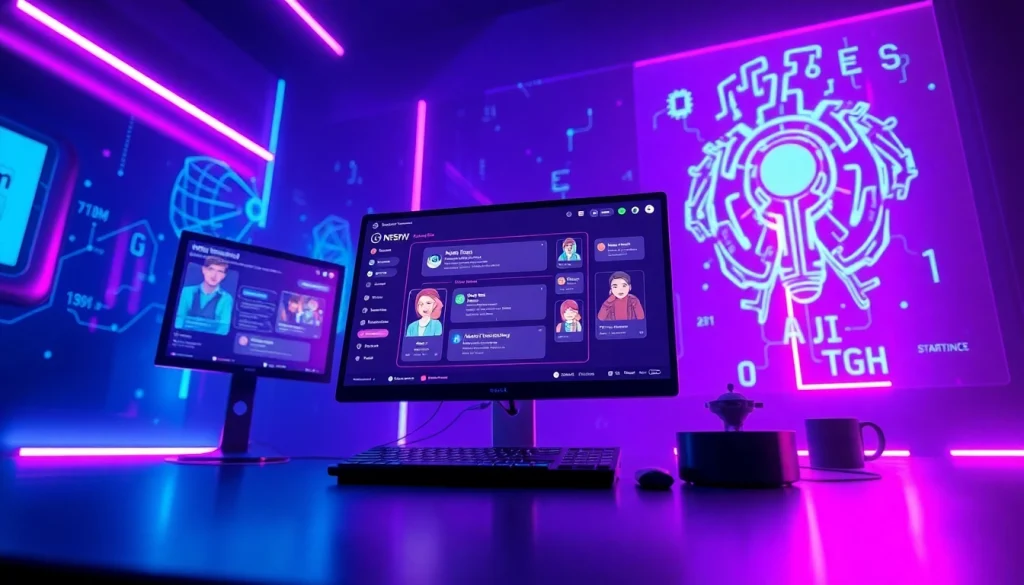 Engage in vibrant NSFW AI chat in a futuristic digital space with interactive avatars.