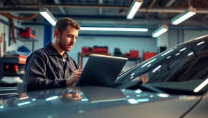 Mechanic in a vehicle service center examining a used car, highlighting extended car warranty for used cars.