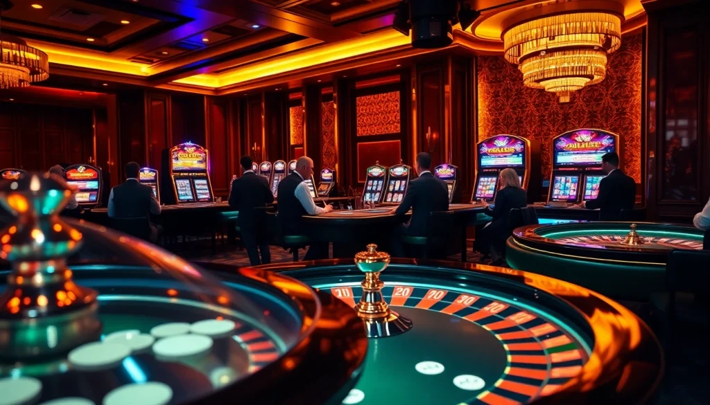 Experience the thrilling excitement of top club gaming with festive casino tables and vibrant slot machines.
