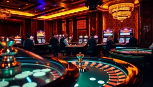 Experience the thrilling excitement of top club gaming with festive casino tables and vibrant slot machines.