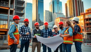 Construction team working on an Austin construction site, discussing plans and tools.