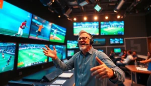 Sports Broadcasting expert commenting live with vibrant studio backdrop.