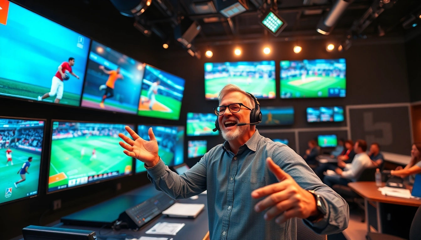 Sports Broadcasting expert commenting live with vibrant studio backdrop.