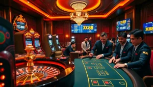 Experience the excitement of XX88 with vibrant slot machines and a polished poker table.