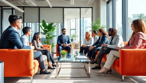 Professionals collaborating on growth strategy trends during a business meeting.