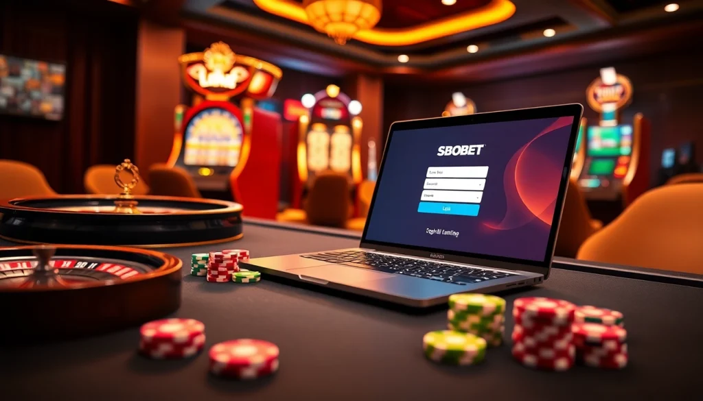 SBOBET login interface displayed on a laptop within a luxurious gambling setup, featuring chips and roulette.