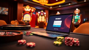 SBOBET login interface displayed on a laptop within a luxurious gambling setup, featuring chips and roulette.