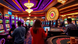 Experience excitement with slot online hari ini in a luxurious casino scene full of vibrant slot machines and players.