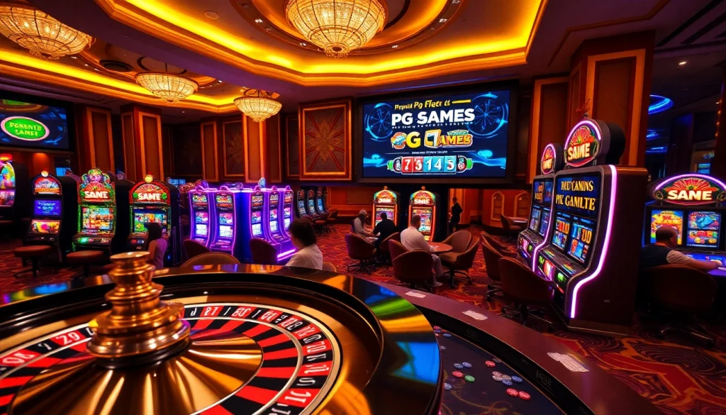 Experience PG Soft gaming excitement at a luxurious casino with roulette wheels and slot machines.