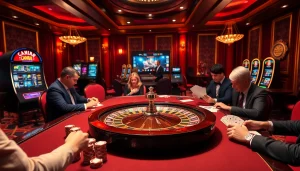 Scène passionnante présentant le casino en ligne Français avec des joueurs autour de la roulette, des jetons de poker et des machines à sous lumineuses.
