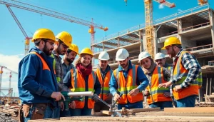 Engaged workers showcasing a construction career on-site, demonstrating teamwork and skill.