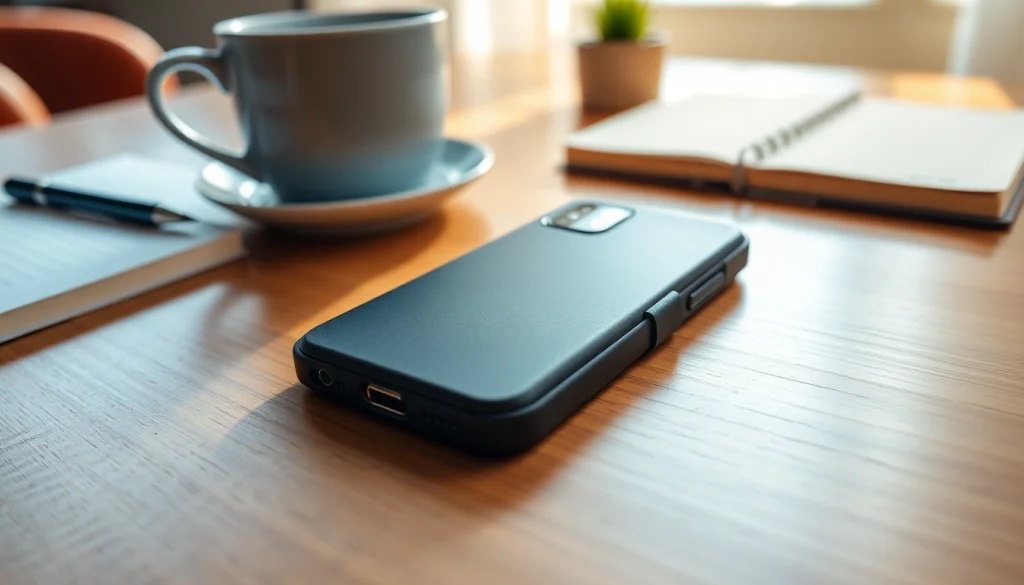 Handytasche Magnetverschluss auf einem modernen Tisch mit stilvollem Zubehör präsentiert.