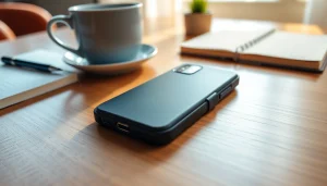 Handytasche Magnetverschluss auf einem modernen Tisch mit stilvollem Zubehör präsentiert.