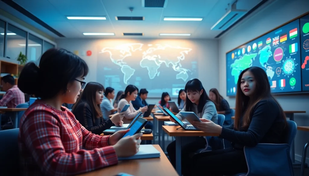 Youdao language learning tools in a vibrant, modern classroom environment.