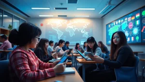 Youdao language learning tools in a vibrant, modern classroom environment.