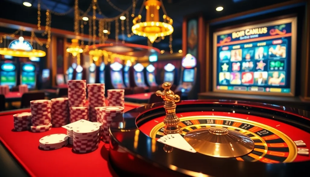 Scène captivante de casino en ligne français présentant des jetons de poker, des cartes et une roulette dans un cadre élégant.