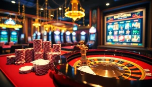 Scène captivante de casino en ligne français présentant des jetons de poker, des cartes et une roulette dans un cadre élégant.