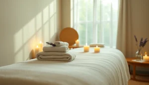 편안한 분위기의 마사지 치료실, 마사지 필수품을 보여줌.