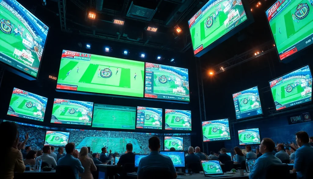 Live sports broadcasting scene capturing the excitement of 토토스토리 with dynamic visuals and engaged fans.