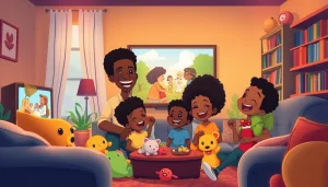Engaging scene of African American cartoons featuring joyful characters in a living room setting.