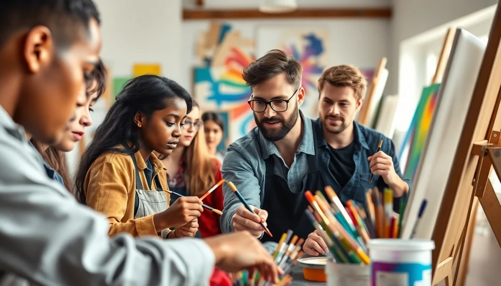 Engaged trainees in a painting apprenticeship workshop, showcasing creativity and collaboration.