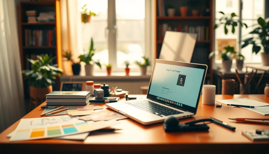 Image to prompt generator interface surrounded by art supplies, inspiring creativity.