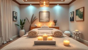 편안한 분위기의 마사지 치료실, 푹신한 테이블과 부드러운 조명이 특징