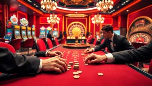 Scène engageante de joueurs à une table luxueuse dans un casino en ligne français, immergés dans une partie de blackjack.