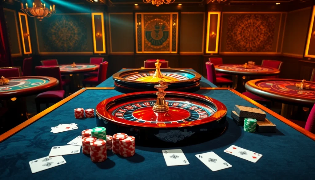 Profitez d'un jeu de luxe dans un casino en ligne Français avec des tables vibrantes, des jetons et de la roulette.