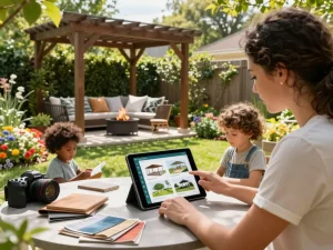 A family using an online pergola configurator to design their ideal outdoor structure in a vibrant garden setting.